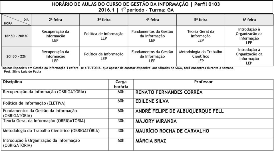 Sílvio Luiz de Paula Recuperação da RENATO FERNANDES CORRÊA Política de (ELETIVA) Fundamentos da Gestão da EDILENE SILVA Teoria Geral da 30h MÁJORY MIRANDA ANDRÉ FELIPE