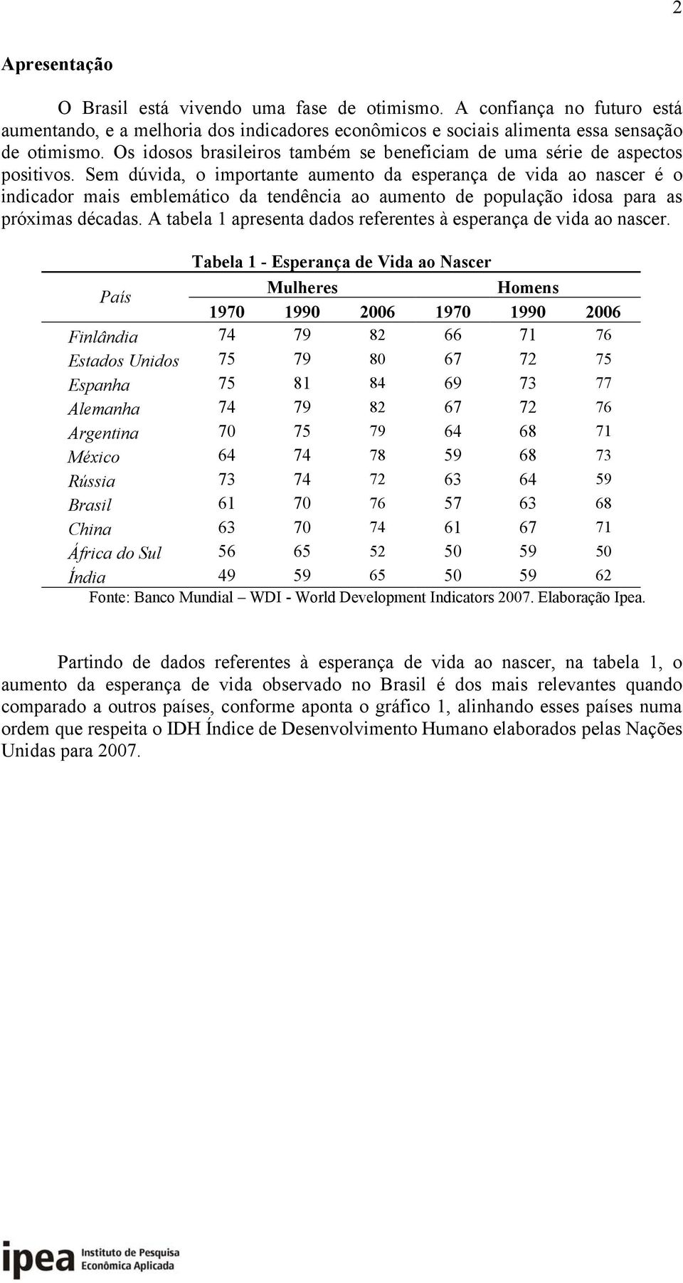 Sem dúvida, o importante aumento da esperança de vida ao nascer é o indicador mais emblemático da tendência ao aumento de população idosa para as próximas décadas.