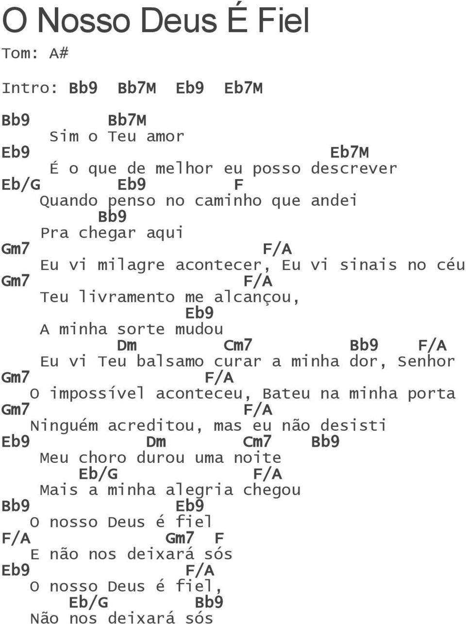 vi Teu balsamo curar a minha dor, Senhor Gm7 O impossível aconteceu, ateu na minha porta Gm7 Ninguém acreditou, mas eu não desisti b9 m7 b9 Meu