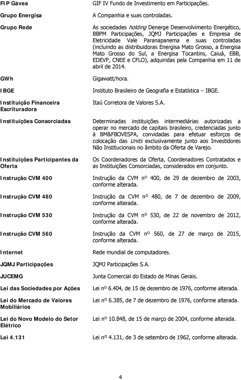 Mato Grosso, a Energisa Mato Grosso do Sul, a Energisa Tocantins, Caiuá, EBB, EDEVP, CNEE e CFLO), adquiridas pela Companhia em 11 de abril de 2014. Gigawatt/hora.