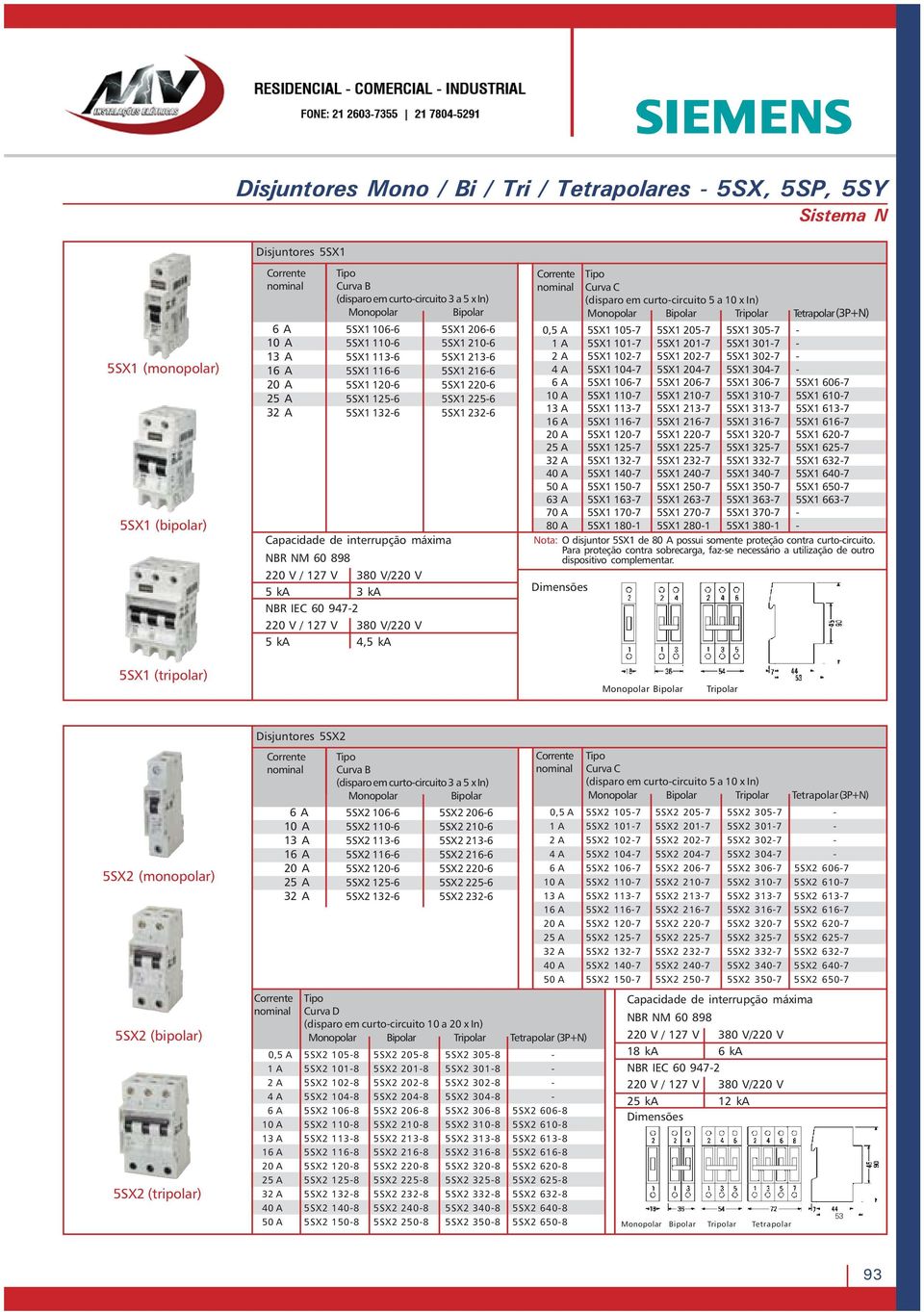 em curtocircuito 5 a 0 x In) Monopolar Bipolar Tripolar Tetrapolar (P+N) A 5SX 057 5SX 057 5SX 57 A 5SX 07 5SX 07 5SX 7 A 5SX 07 5SX 07 5SX 7 4 A 5SX 047 5SX 047 5SX 47 A 5SX 07 5SX 07 5SX 7 5SX 07 0