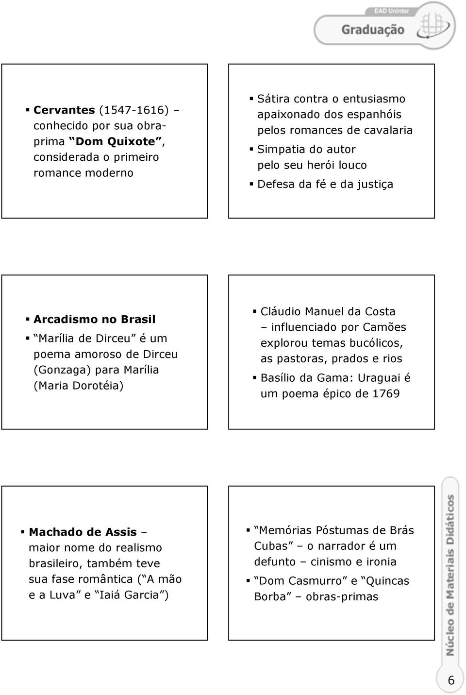 Manuel da Costa influenciado por Camões explorou temas bucólicos, as pastoras, prados e rios Basílio da Gama: Uraguai é um poema épico de 1769 Machado de Assis maior nome do realismo