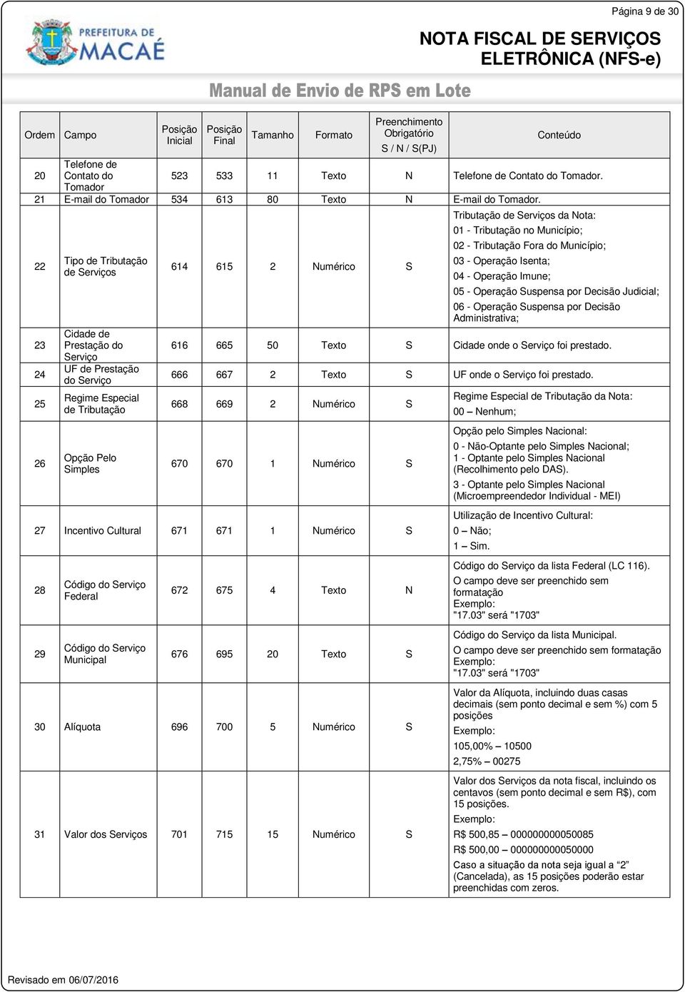 22 23 24 25 26 Tipo de Tributação de Serviços Cidade de Prestação do Serviço UF de Prestação do Serviço Regime Especial de Tributação Opção Pelo Simples 614 615 2 Numérico S Tributação de Serviços da