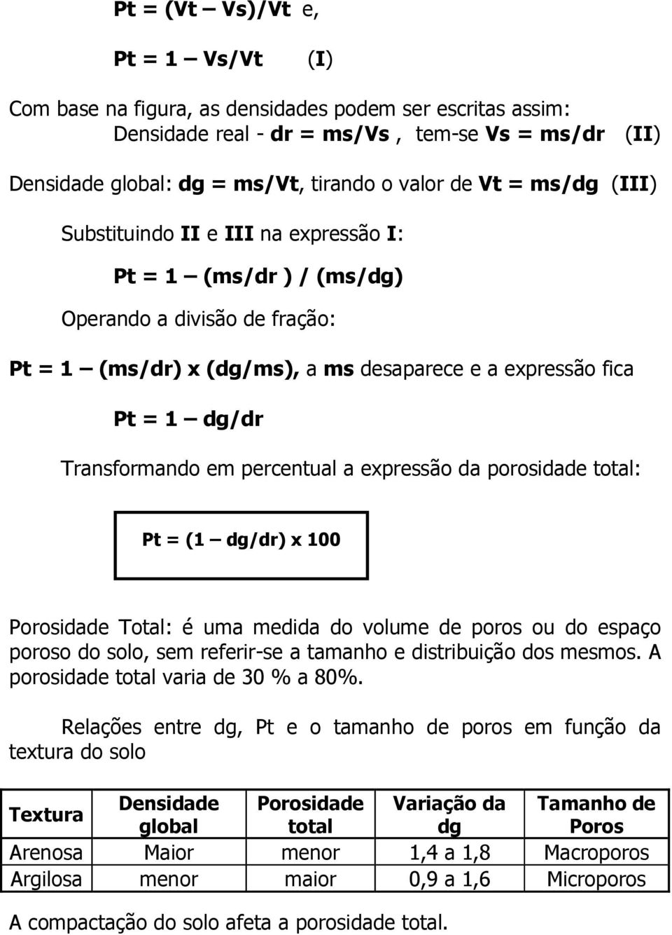 percentual a expressão da porosidade total: Pt = (1 dg/dr) x 100 Porosidade Total: é uma medida do volume de poros ou do espaço poroso do solo, sem referir-se a tamanho e distribuição dos mesmos.