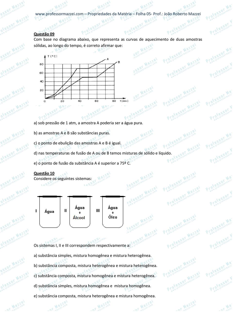 e) o ponto de fusão da substância A é superior a 75º C.