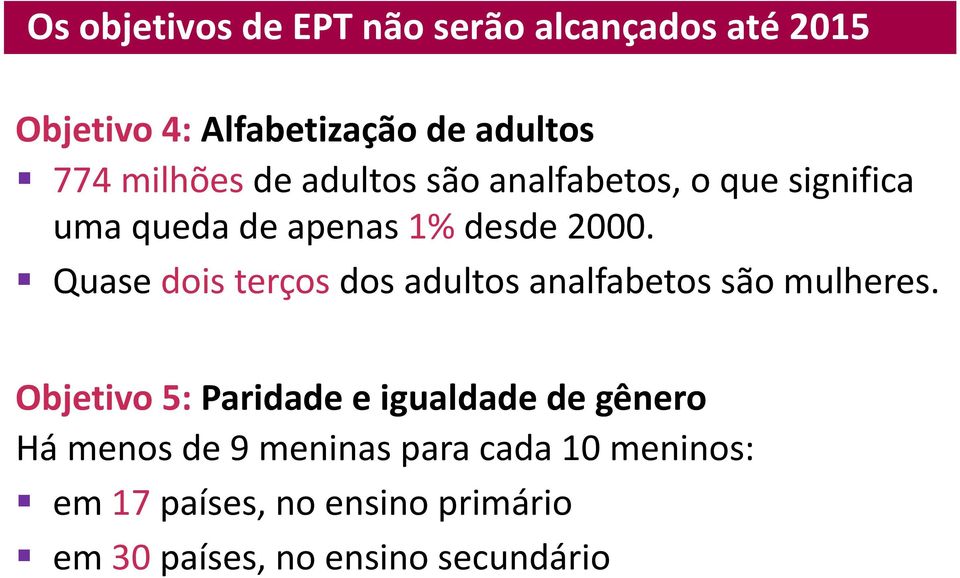 Quase dois terços dos adultos analfabetos são mulheres.