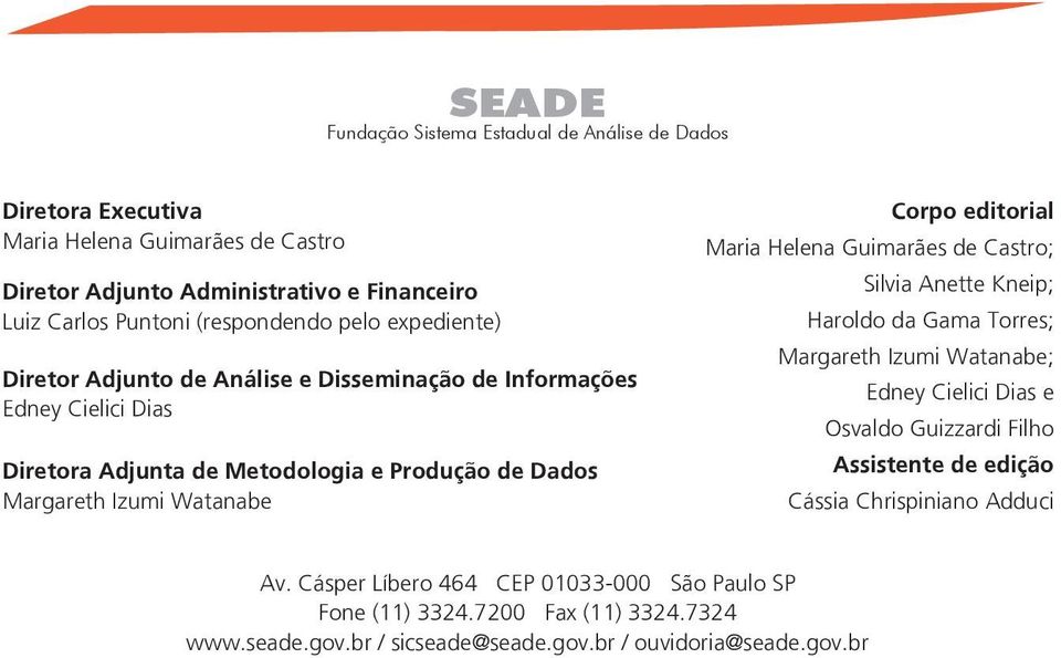 Watanabe Corpo editorial Maria Helena Guimarães de Castro; Silvia Anette Kneip; Haroldo da Gama Torres; Margareth Izumi Watanabe; Edney Cielici Dias e Osvaldo Guizzardi Filho