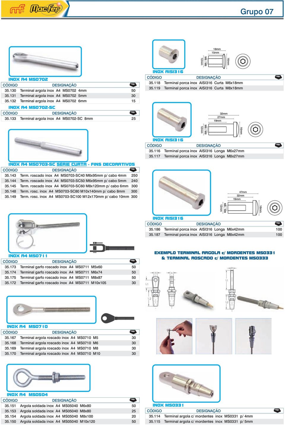 119 Terminal porca inox AISI316 Curta M8x1 32mm 27mm 19mm 16mm M6 / M8 12mm INOX A4 MS0703-SC SÉRIE CURTA - FINS DECORATIVOS 35.116 Terminal porca inox AISI316 Longa M6x27mm 35.