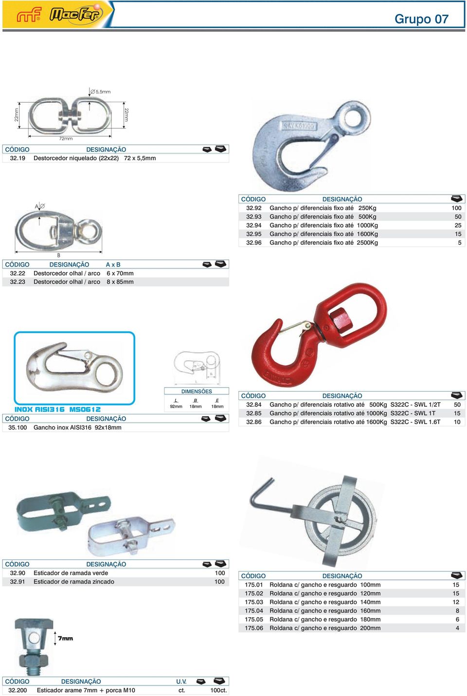 23 Destorcedor olhal / arco 8 x 85mm 50 300 MS0612 L 92mm DIMENSÕES 1 E 1 35.100 Gancho inox AISI316 92x1 150 300 32.84 Gancho p/ diferenciais rotativo até 500Kg S322C - SWL 1/2T 50 32.