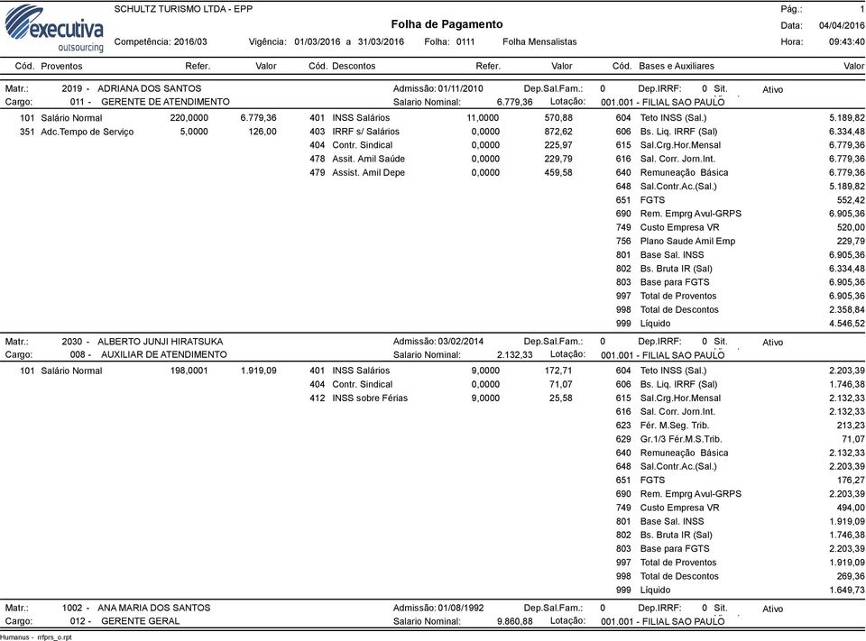 Tempo de Serviço 5,0000 126,00 403 IRRF s/ Salários 0,0000 872,62 606 Bs. Liq. IRRF (Sal) 6.334,48 0,0000 225,97 615 Sal.Crg.Hor.Mensal 6.779,36 Matr.