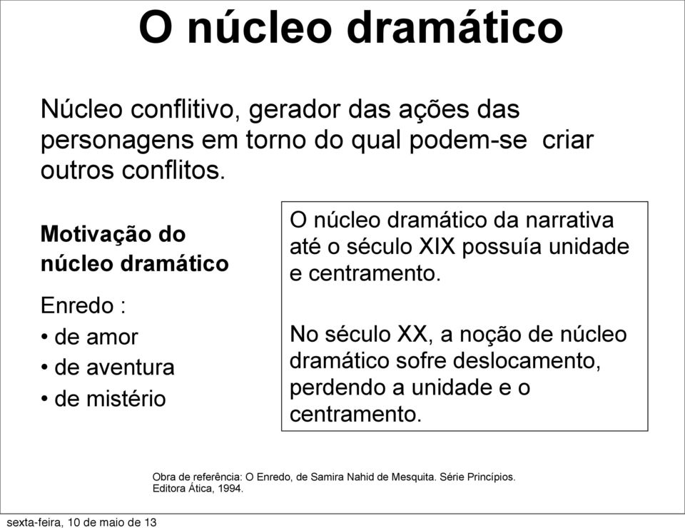 Motivação do núcleo dramático Enredo : de amor de aventura de mistério O núcleo dramático da