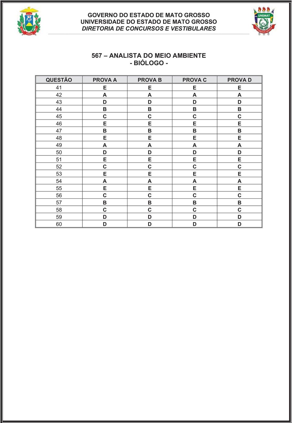 49 A A A A 50 D D D D 51 E E E E 52 C C C C 53 E E E E 54 A A A A