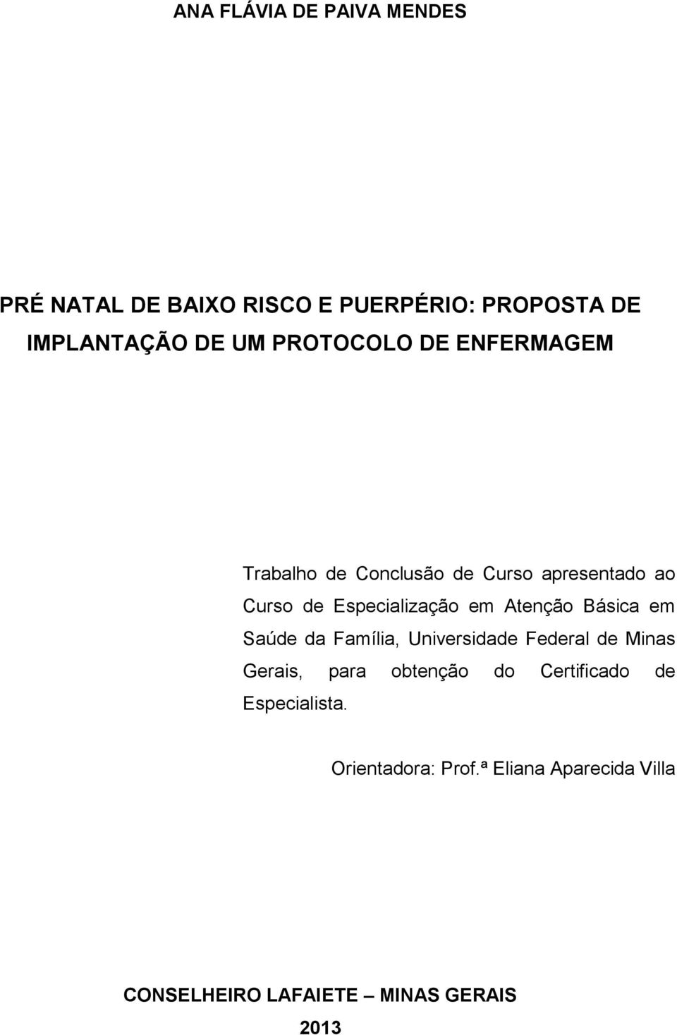 Atenção Básica em Saúde da Família, Universidade Federal de Minas Gerais, para obtenção do