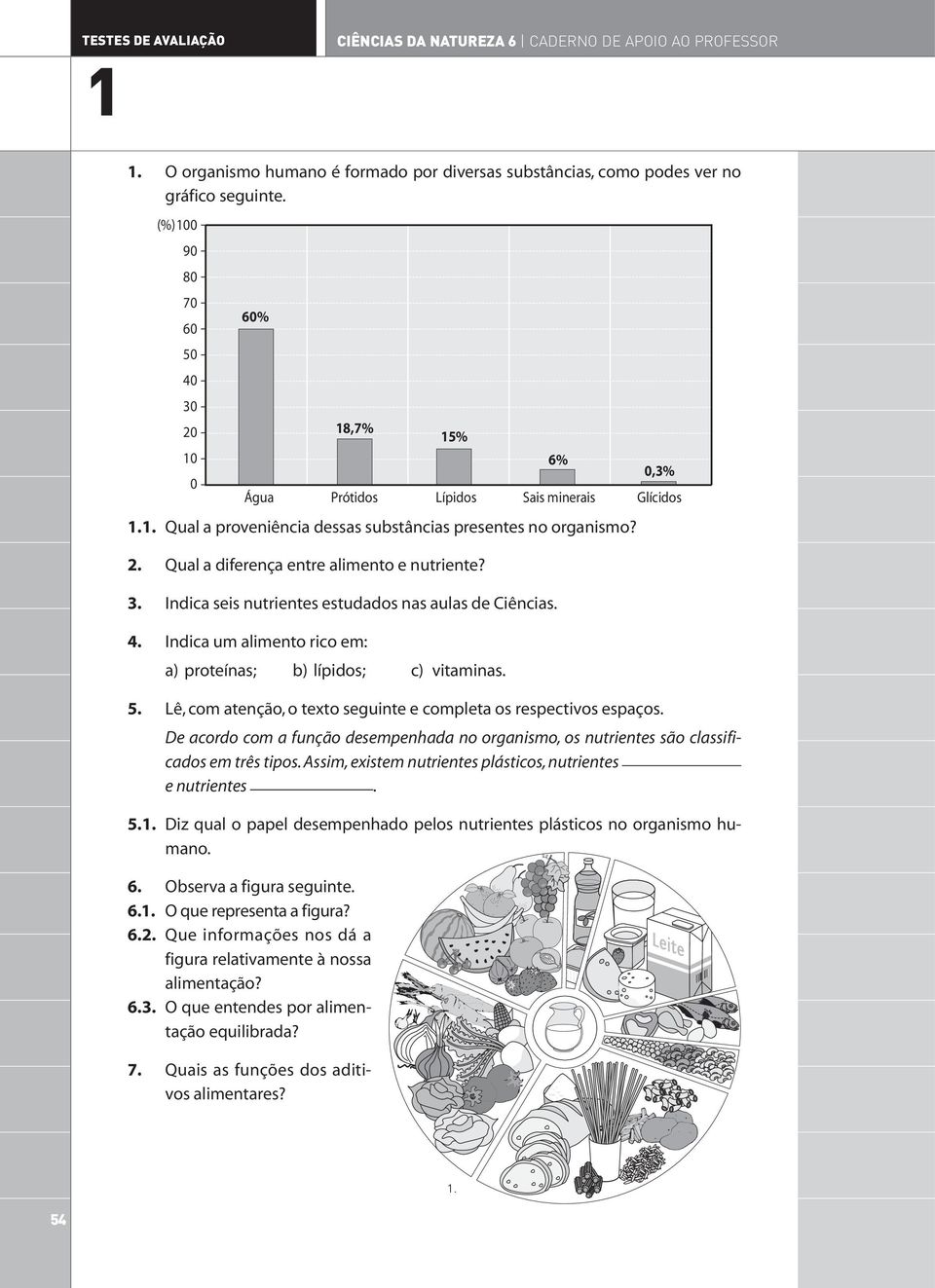 . Indica seis nutrientes estudados nas aulas de Ciências.. Indica um alimento rico em: a) proteínas; b) lípidos; c) vitaminas.. Lê, com atenção, o texto seguinte e completa os respectivos espaços.