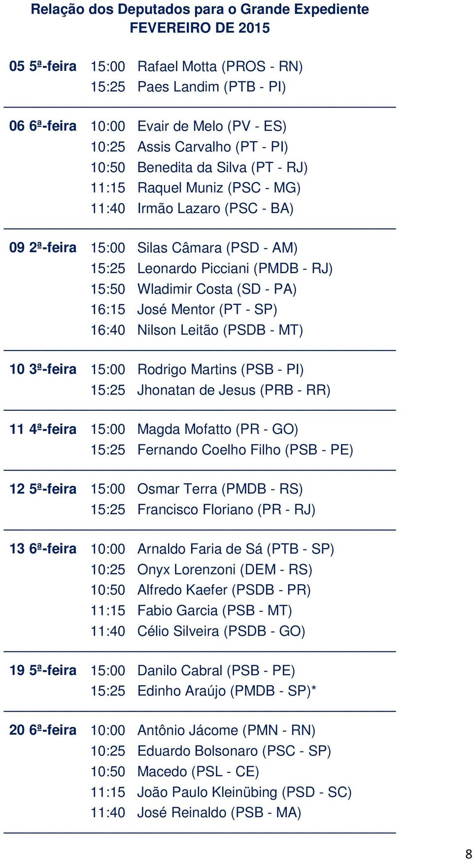 José Mentor (PT SP) 16:40 Nilson Leitão (PSDB MT) 10 3ªfeira 15:00 Rodrigo Martins (PSB PI) 15:25 Jhonatan de Jesus (PRB RR) 11 4ªfeira 15:00 Magda Mofatto (PR GO) 15:25 Fernando Coelho Filho (PSB