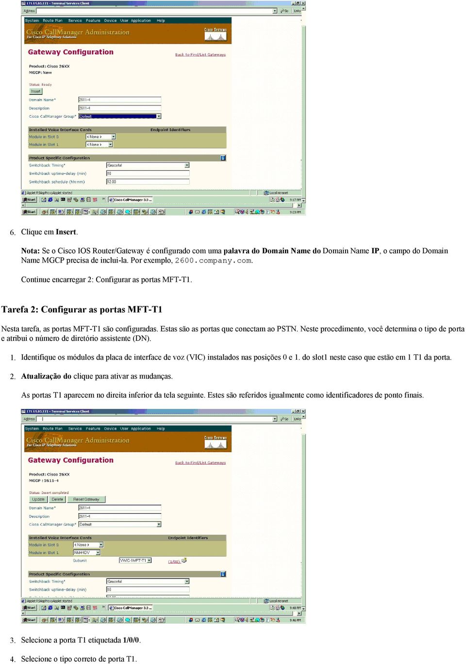 Neste procedimento, você determina o tipo de porta e atribui o número de diretório assistente (DN). 1. 2. Identifique os módulos da placa de interface de voz (VIC) instalados nas posições 0 e 1.