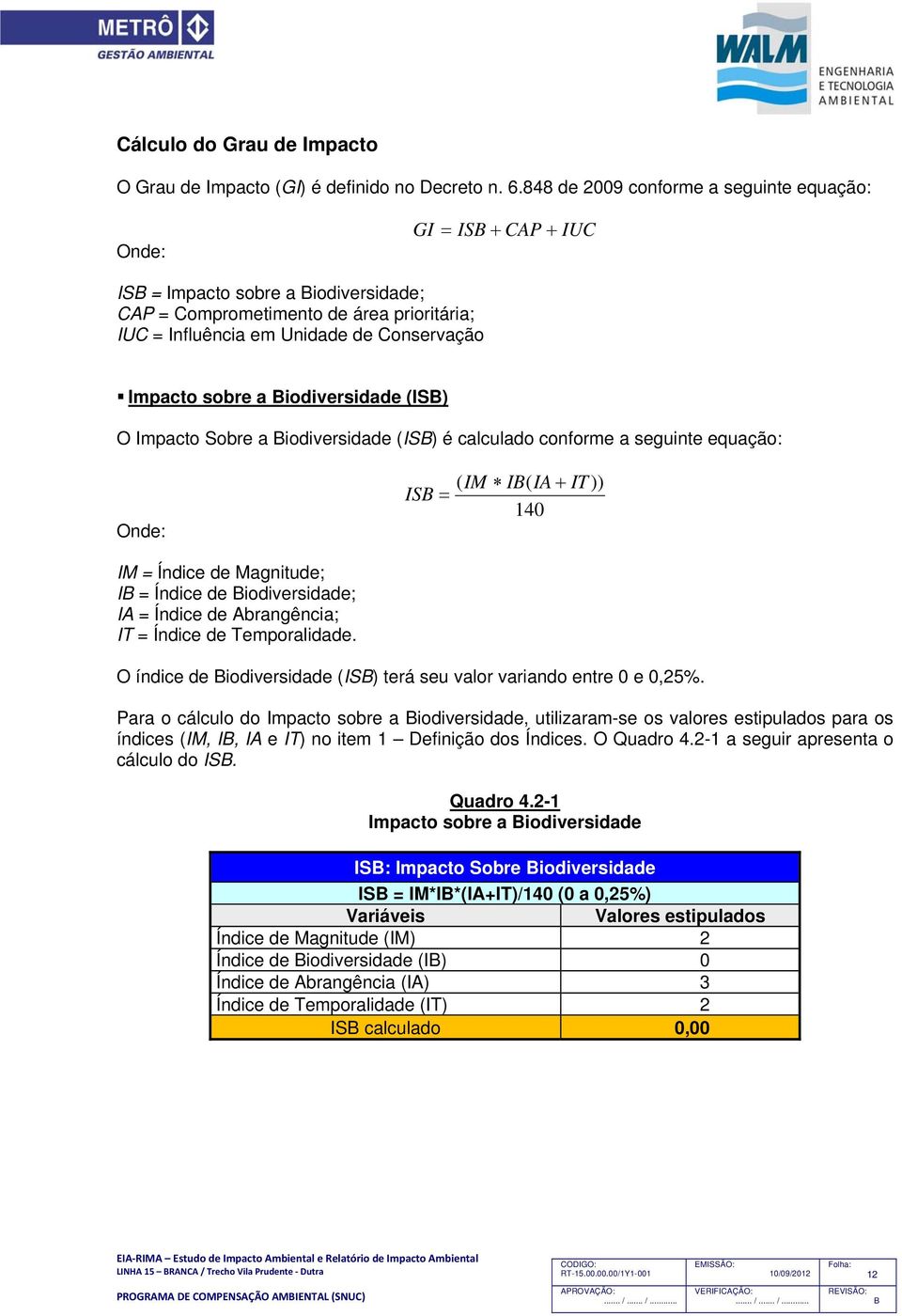 iodiversidade (IS) O Impacto Sobre a iodiversidade (IS) é calculado conforme a seguinte equação: Onde: ( IM I( IA IT )) IS 140 IM = Índice de Magnitude; I = Índice de iodiversidade; IA = Índice de