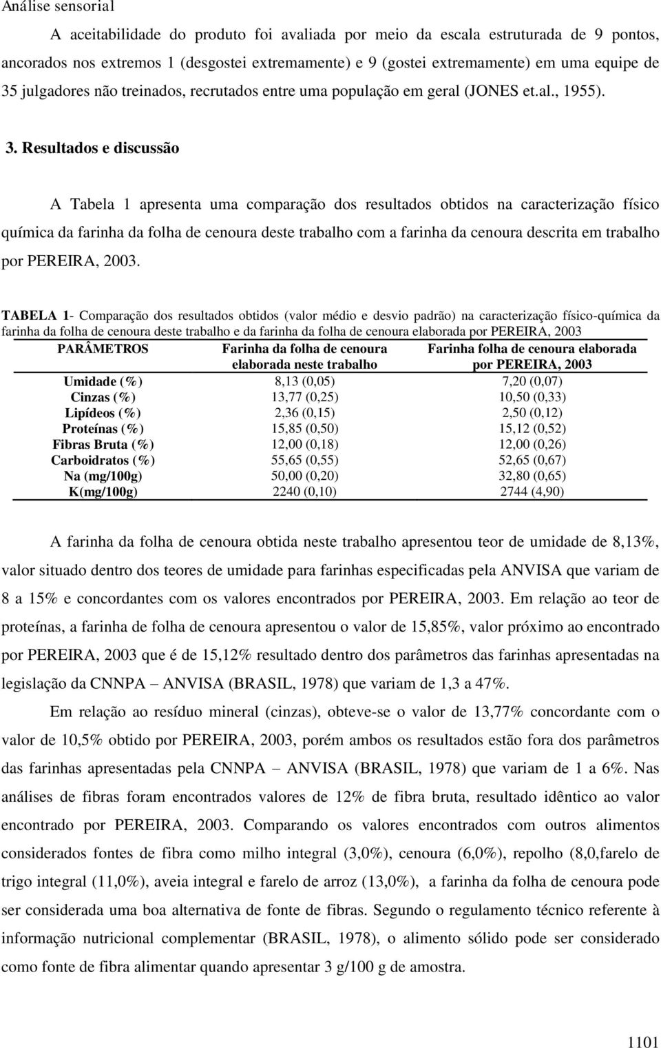 Resultados e discussão A Tabela 1 apresenta uma comparação dos resultados obtidos na caracterização físico química da farinha da folha de cenoura deste trabalho com a farinha da cenoura descrita em