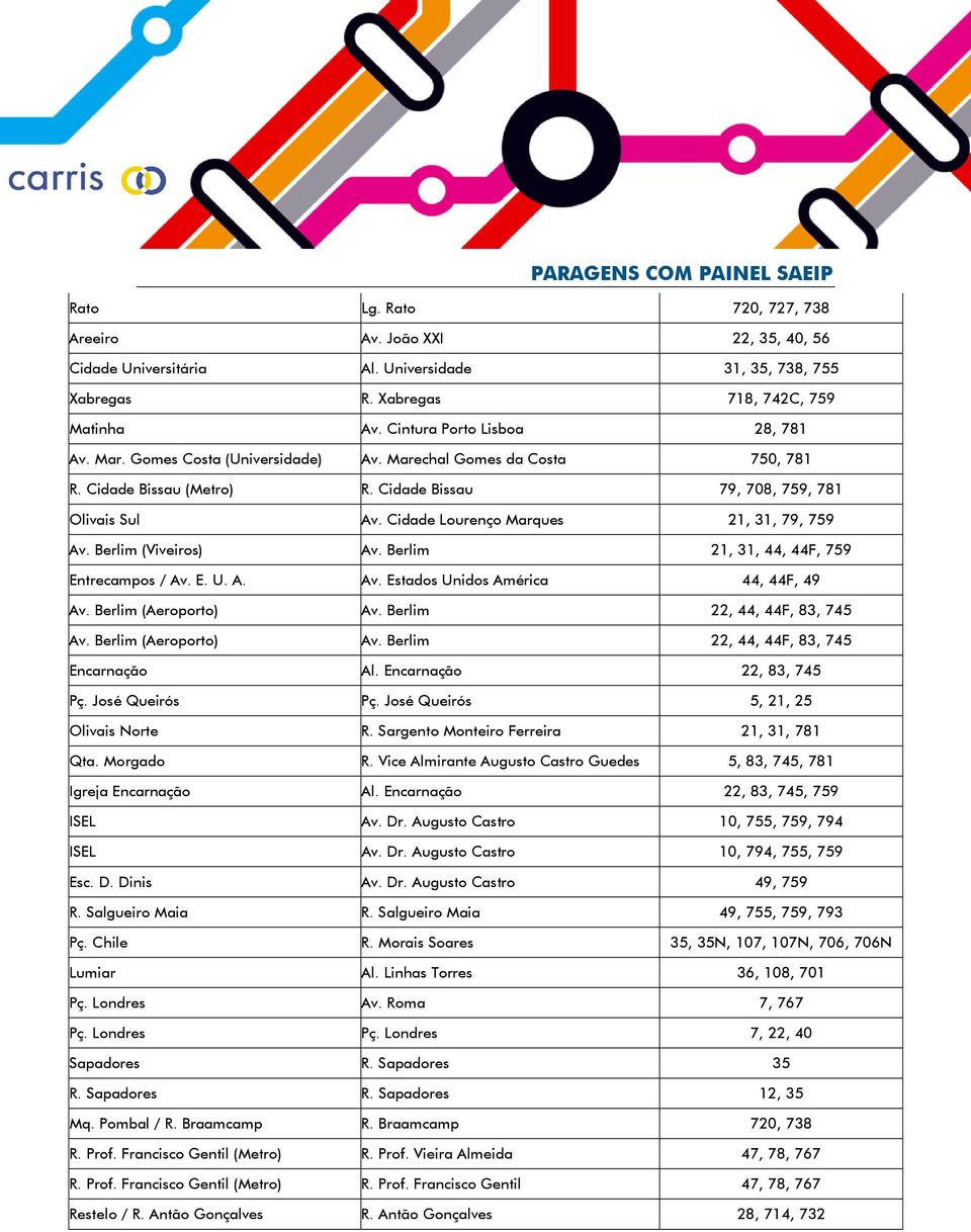 Berlim (Viveiros) Av. Berlim 21, 31, 44, 44F, 759 Entrecampos / Av. E. U. A. Av. Estados Unidos América 44, 44F, 49 Av. Berlim (Aeroporto) Av. Berlim 22, 44, 44F, 83, 745 Av. Berlim (Aeroporto) Av. Berlim 22, 44, 44F, 83, 745 Encarnação Al.