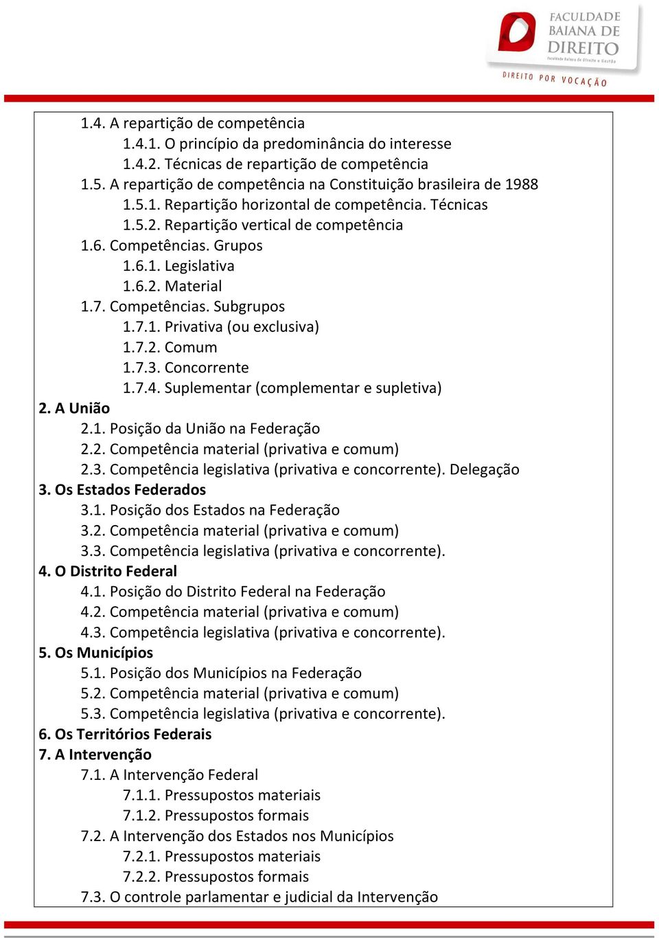 Concorrente 1.7.4. Suplementar (complementar e supletiva) 2. A União 2.1. Posição da União na Federação 2.2. Competência material (privativa e comum) 2.3.