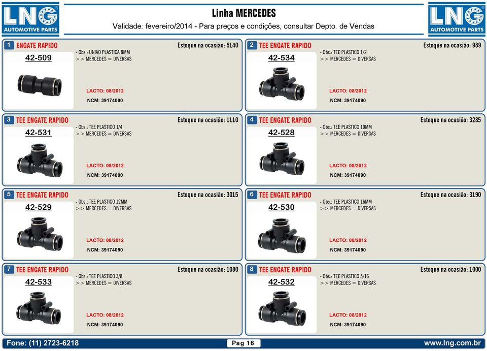 : TEE PLASTICO /2 42-4 TEE ENGATE RAPIDO 42- TEE ENGATE RAPIDO Estoque na ocasião: 0 4 Estoque na ocasião: 28 - Obs.: TEE PLASTICO /4 - Obs.