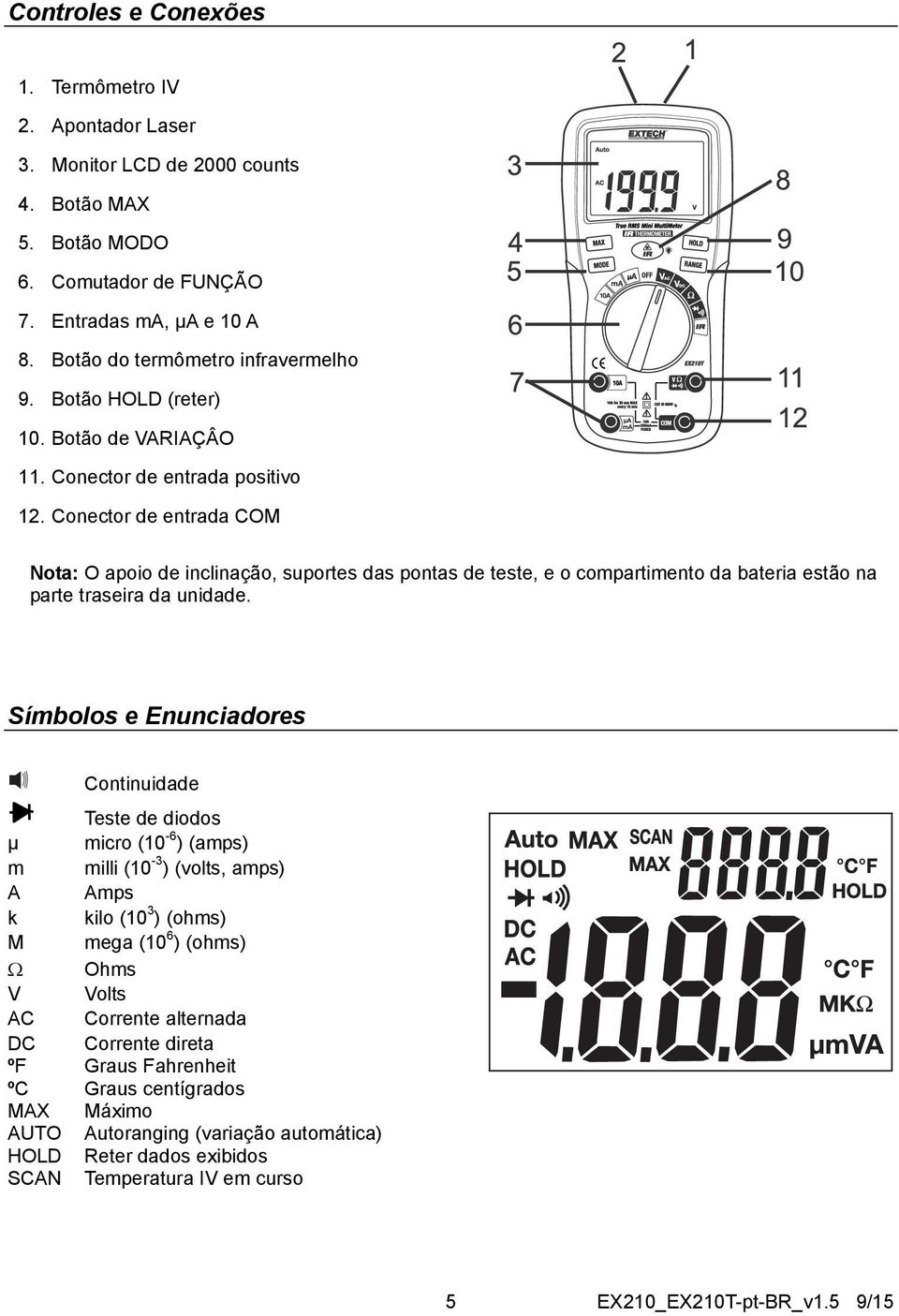 Conector de entrada COM Nota: O apoio de inclinação, suportes das pontas de teste, e o compartimento da bateria estão na parte traseira da unidade.