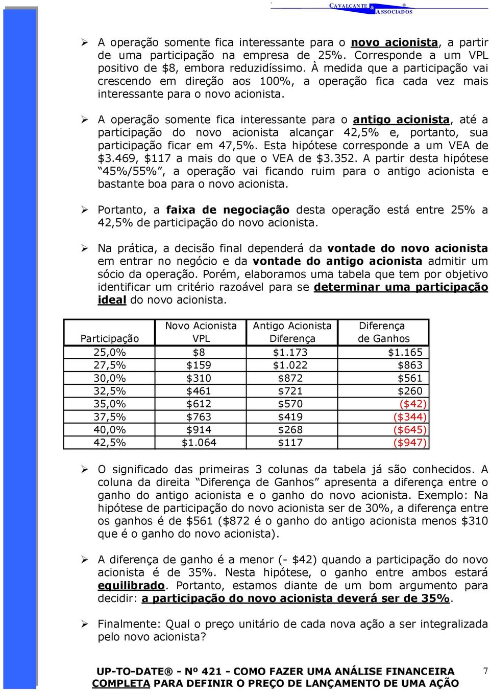 A operação somente fica interessante para o antigo acionista, até a participação do novo acionista alcançar 42,5% e, portanto, sua participação ficar em 47,5%.