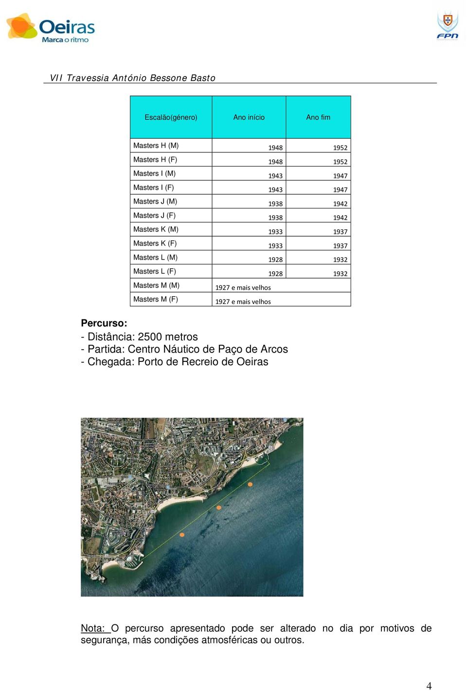 (M) Masters M (F) 1927 e mais velhos 1927 e mais velhos Percurso: - Distância: 2500 metros - Partida: Centro Náutico de Paço de Arcos -