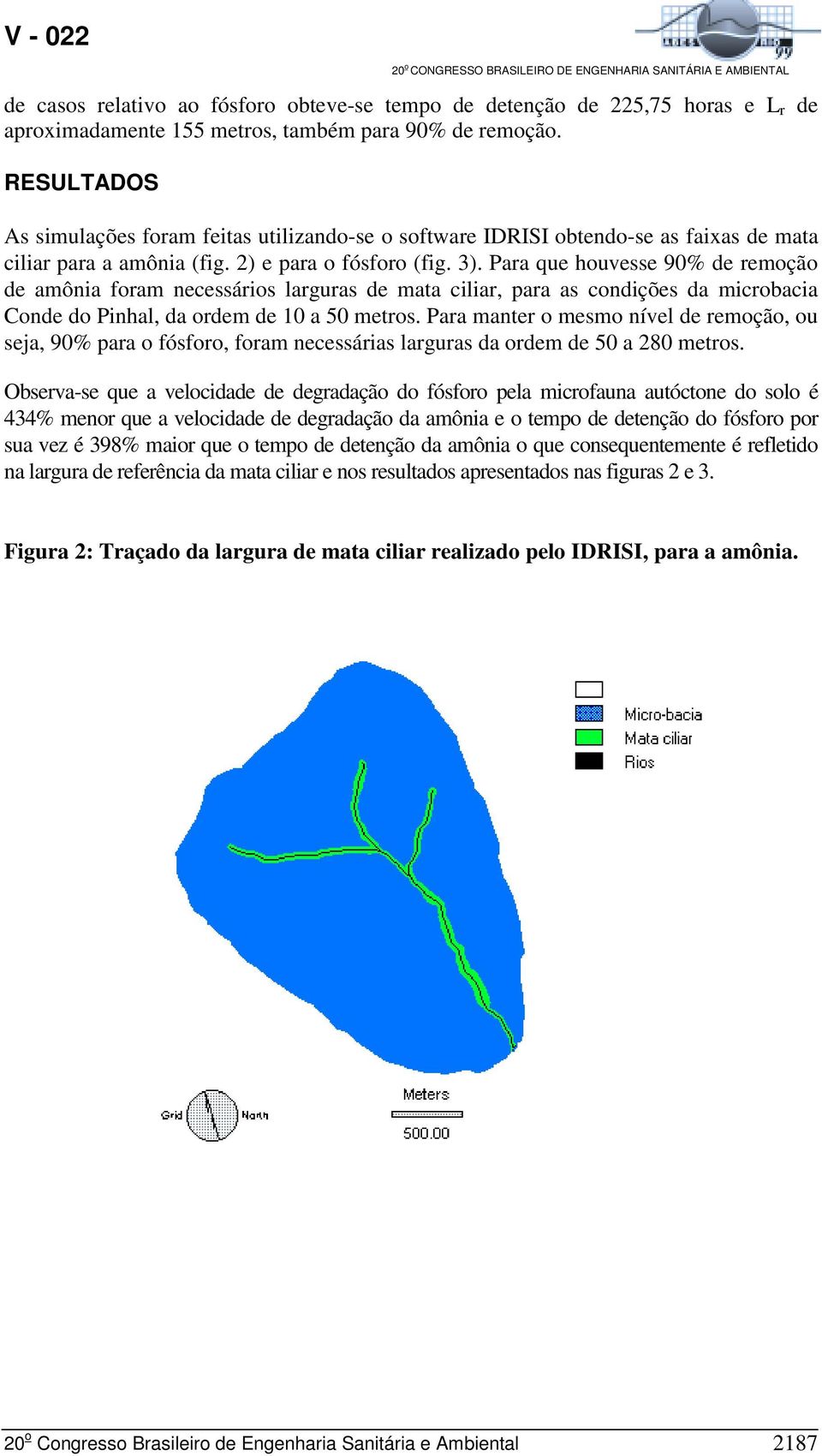 Para que houvesse 90% de remoção de amônia foram necessários larguras de mata ciliar, para as condições da microbacia Conde do Pinhal, da ordem de 10 a 50 metros.