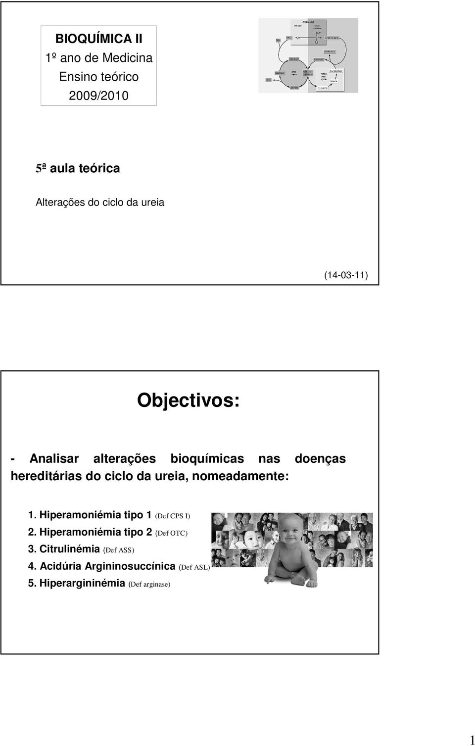 da ureia, nomeadamente: 1. Hiperamoniémia tipo 1 (Def CPS I) 2. Hiperamoniémia tipo 2 (Def OTC) 3.