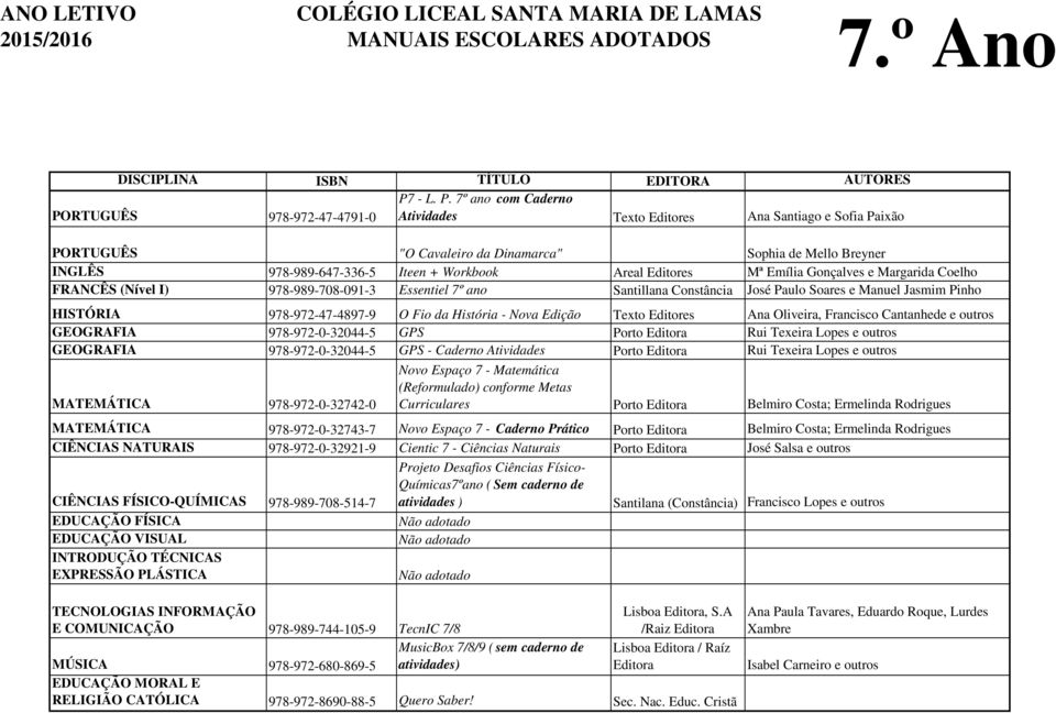 7º ano com Caderno PORTUGUÊS 978-972-47-4791-0 Atividades Texto Editores Ana Santiago e Sofia Paixão PORTUGUÊS "O Cavaleiro da Dinamarca" Sophia de Mello Breyner INGLÊS 978-989-647-336-5 Iteen +