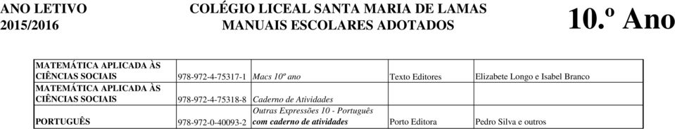 Editores Elizabete Longo e Isabel Branco MATEMÁTICA APLICADA ÀS CIÊNCIAS SOCIAIS