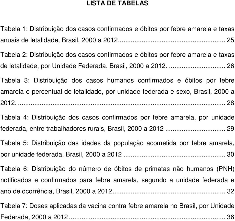 ... 26 Tabela 3: Distribuição dos casos humanos confirmados e óbitos por febre amarela e percentual de letalidade, por unidade federada e sexo, Brasil, 2000 a 2012.