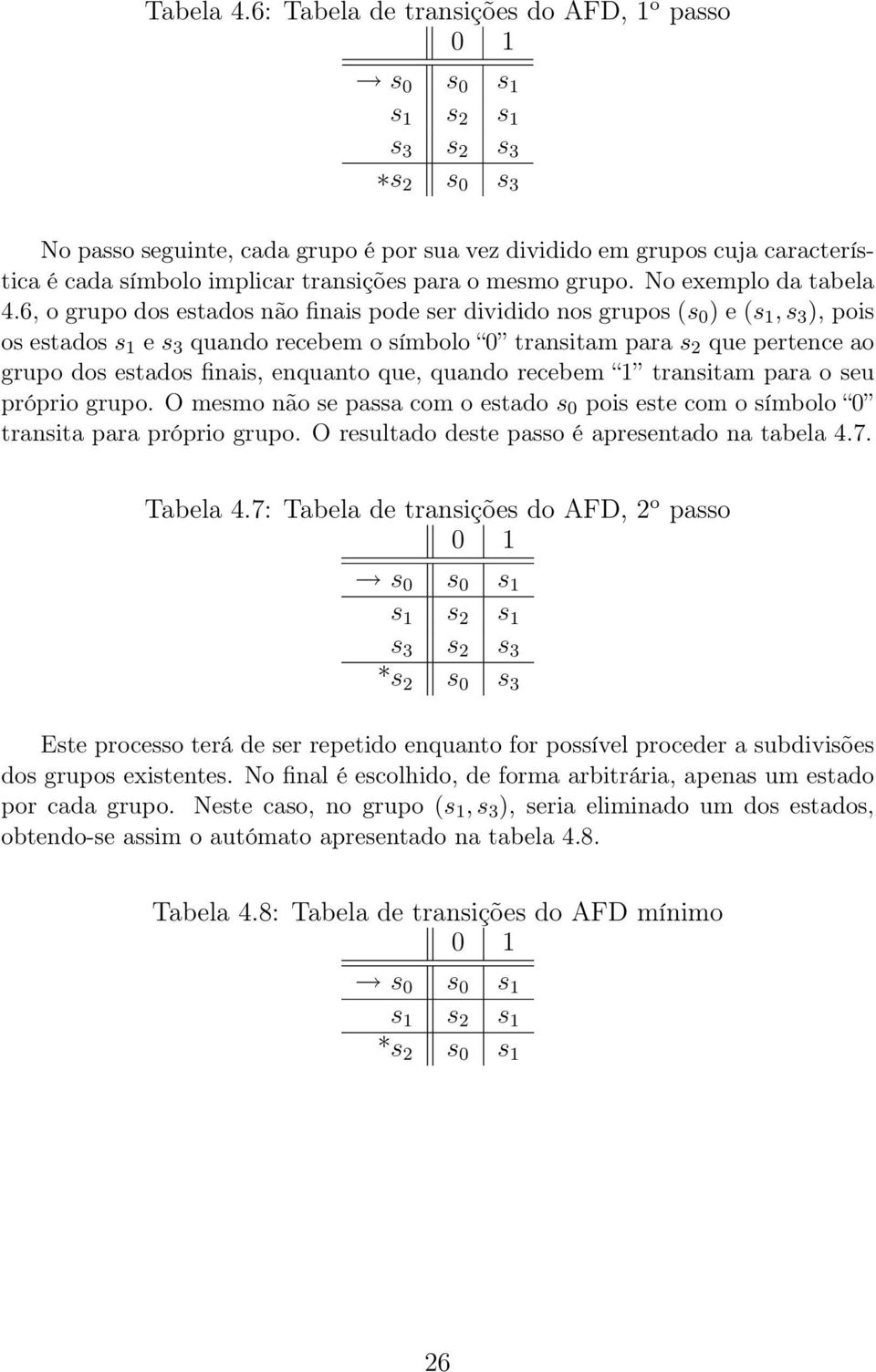 6, o grupo dos estdos não finis pode ser dividido nos grupos (s ) e (s, s 3 ), pois os estdos s e s 3 qundo receem o símolo trnsitm pr s 2 que pertence o grupo dos estdos finis, enqunto que, qundo