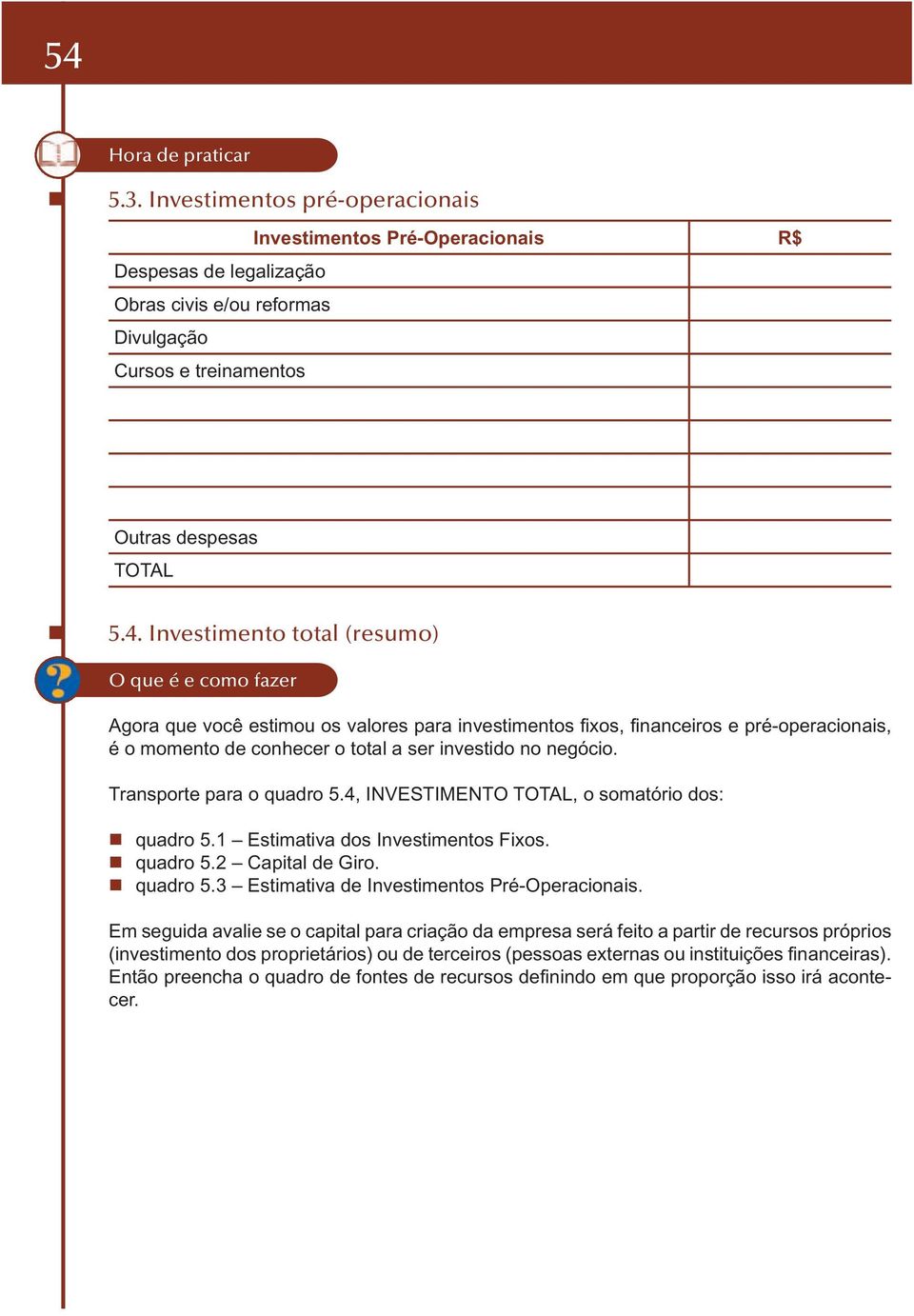 Transporte para o quadro 5.4, INVESTIMENTO TOTAL, o somatório dos: quadro 5.1 Estimativa dos Investimentos Fios. quadro 5.2 Capital de Giro. quadro 5.3 Estimativa de Investimentos Pré-Operacionais.