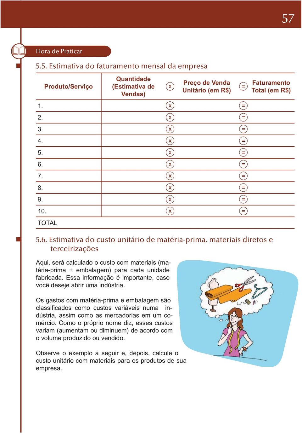 Estimativa do custo unitário de matéria-prima, materiais diretos e terceirizações Aqui, será calculado o custo com materiais (matéria-prima + embalagem) para cada unidade fabricada.