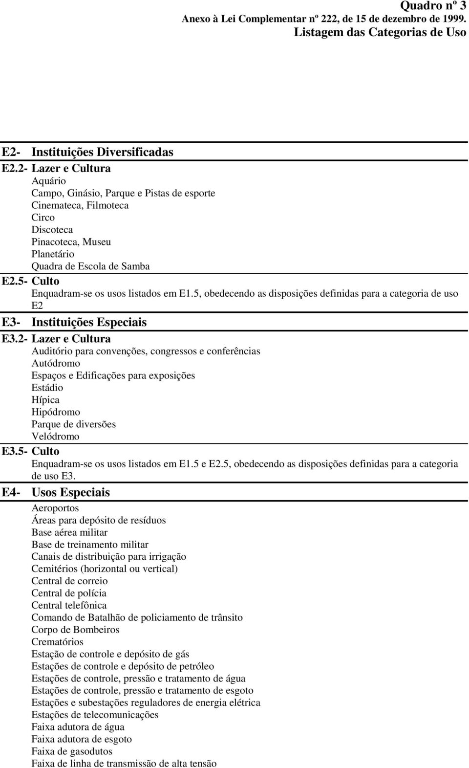 5- Culto Enquadram-se os usos listados em E1.5, obedecendo as disposições definidas para a categoria de uso E2 E3- Instituições Especiais E3.