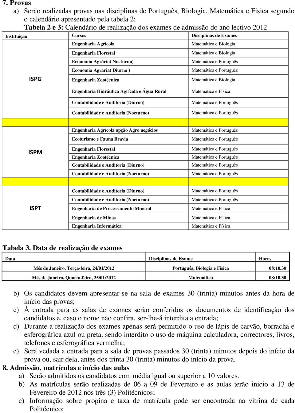 Agrícola e Água Rural ISPM Engenharia Agrícola opção Agro negócios Ecoturismo e Fauna Bravia Engenharia Florestal Engenharia Zootécnica ISPT Engenharia de Processamento Mineral Engenharia de Minas