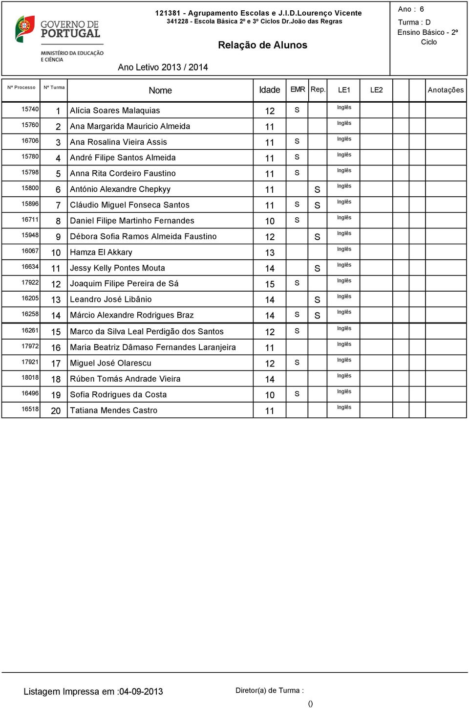 Faustino S 15800 António Alexandre Chepkyy S 1589 7 Cláudio Miguel Fonseca Santos S S 17 8 Daniel Filipe Martinho Fernandes S 15948 9 Débora Sofia Ramos Almeida Faustino 7 Hamza El Akkary 134 Jessy