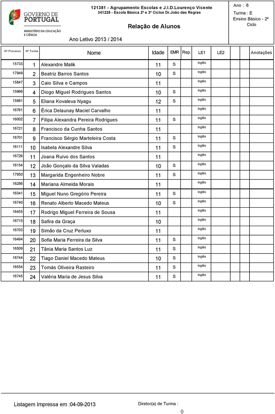 Delaunay Maciel Carvalho 02 7 Filipa Alexandra Pereira Rodrigues S 1721 8 Francisco da Cunha Santos 1701 9 Francisco Sérgio Marteleira Costa S 11 Isabela Alexandre Silva S 172 Joana Ruivo dos Santos