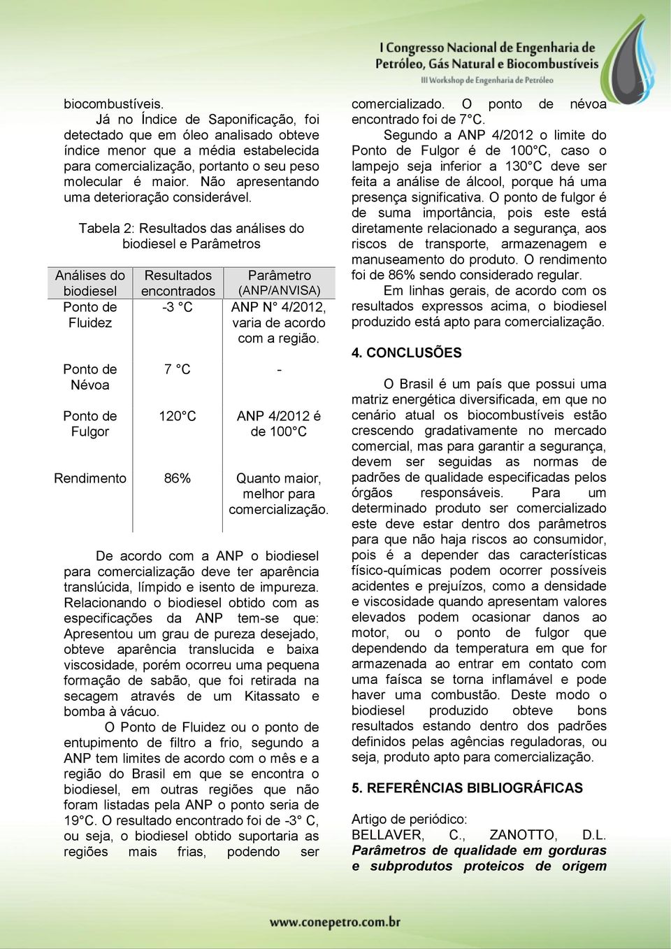 Tabela 2: Resultados das análises do biodiesel e Parâmetros Análises do biodiesel Ponto de Fluidez Ponto de Névoa Ponto de Fulgor Resultados Parâmetro encontrados (ANP/ANVISA) -3 C ANP N 4/2012,