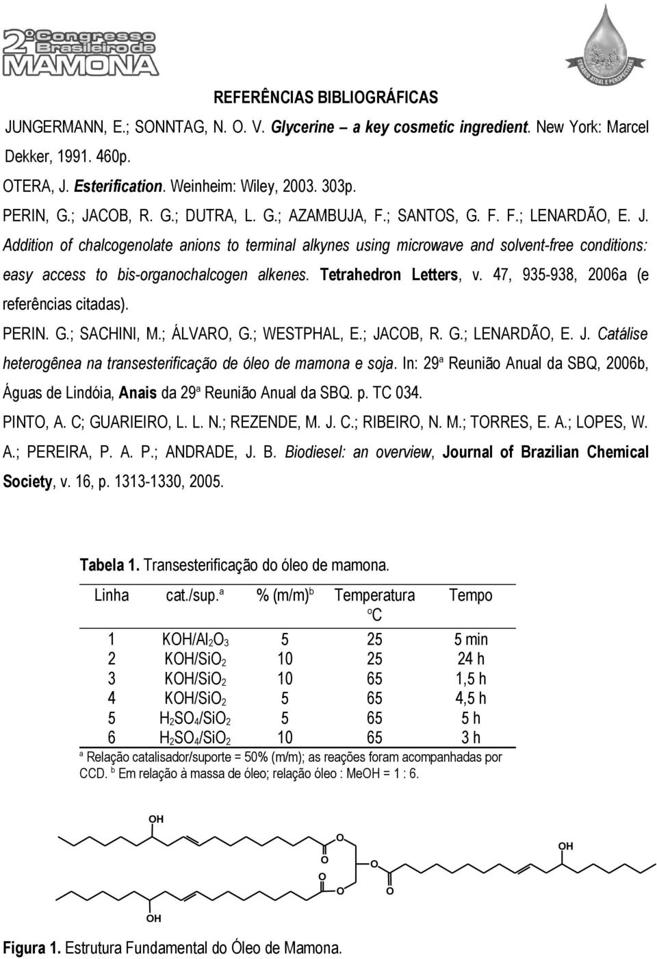 Tetrahedron Letters, v. 47, 935-938, 2006a (e referências citadas). PERIN. G.; SACHINI, M.; ÁLVAR, G.; WESTPHAL, E.; JACB, R. G.; LENARDÃ, E. J. Catálise heterogênea na transesterificação de óleo de mamona e soja.