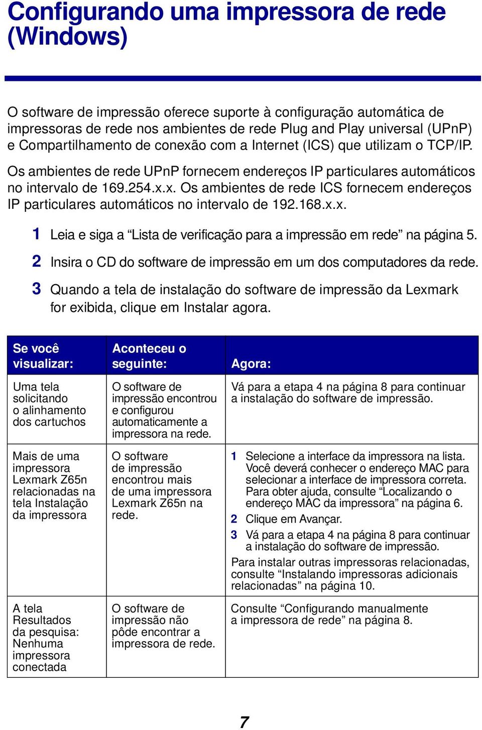 168.x.x. 1 Leia e siga a Lista de verificação para a impressão em rede na página 5. 2 Insira o CD do software de impressão em um dos computadores da rede.