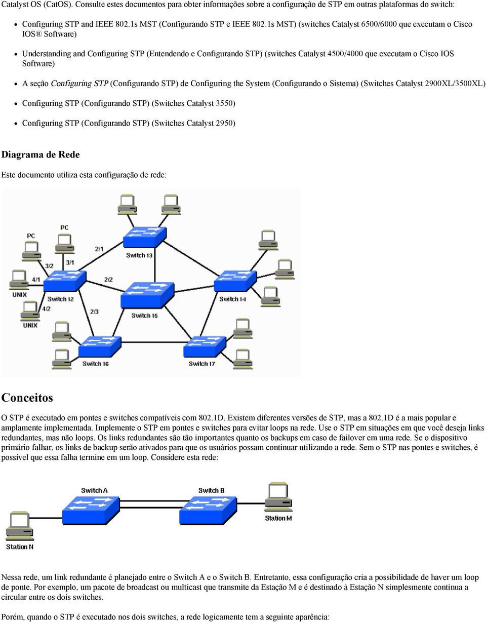 Software) A seção Configuring STP (Configurando STP) de Configuring the System (Configurando o Sistema) (Switches Catalyst 2900XL/3500XL) Configuring STP (Configurando STP) (Switches Catalyst 3550)