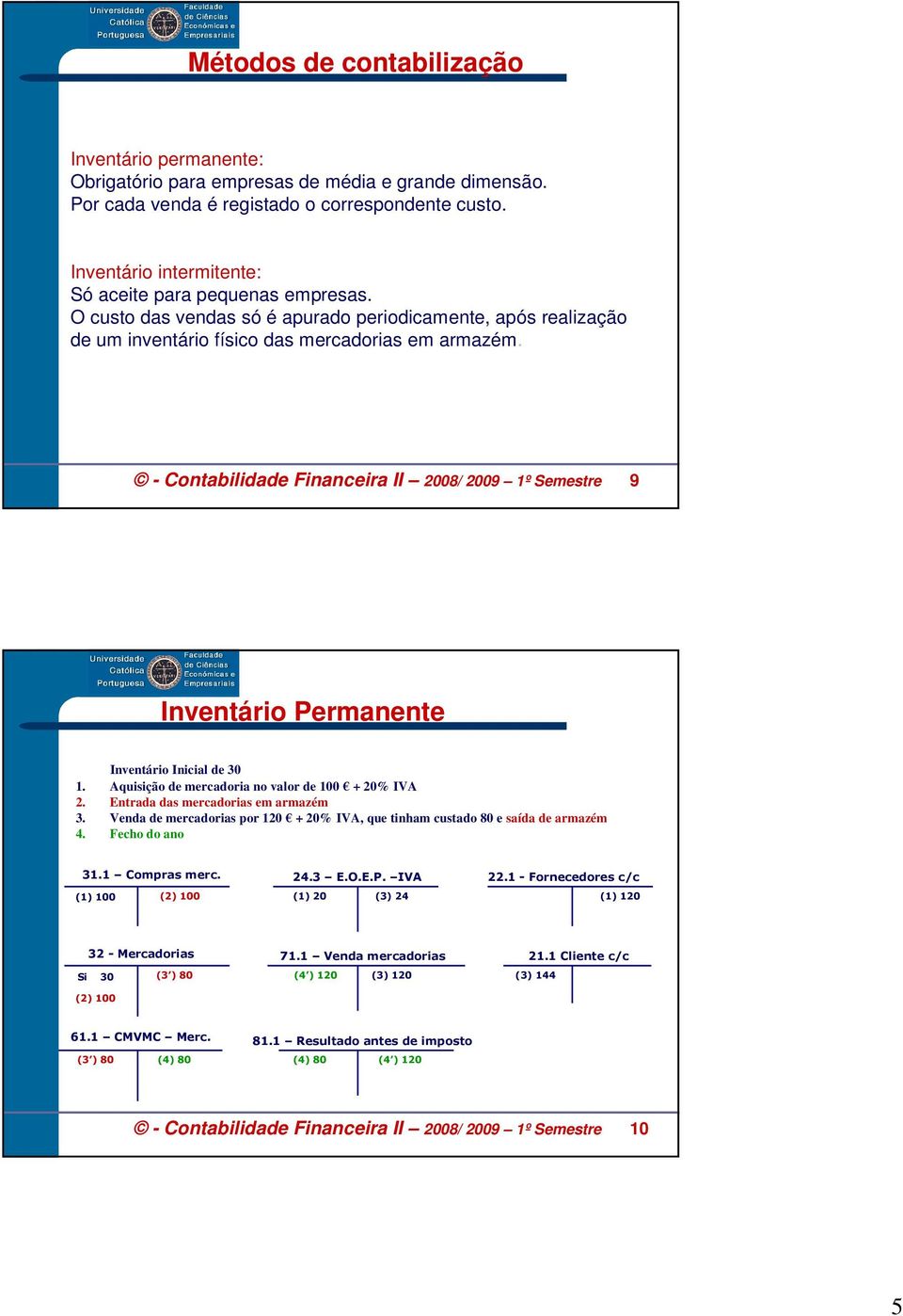 - Contabilidade Financeira II 2008/ 2009 1º Semestre 9 Inventário Permanente Inventário Inicial de 30 1. Aquisição de mercadoria no valor de 100 + 20% IVA 2. Entrada das mercadorias em armazém 3.