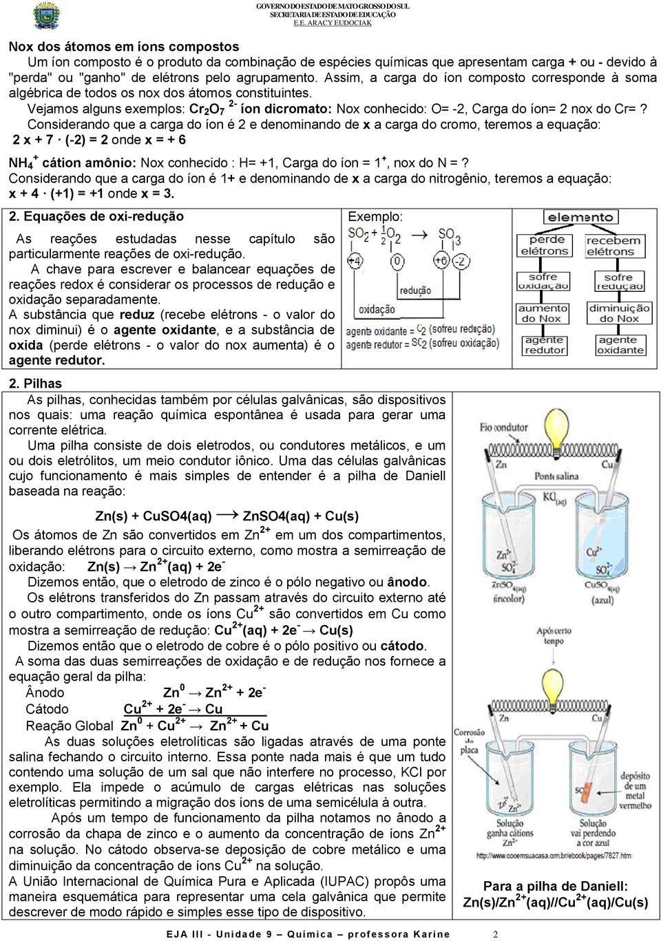 Vejamos alguns exemplos: Cr 2 O 7 2- íon dicromato: Nox conhecido: O= -2, Carga do íon= 2 nox do Cr=?