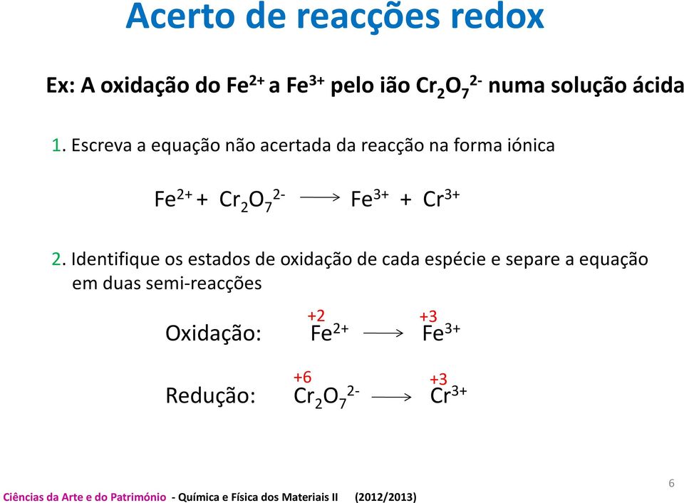 Escreva a equação não acertada da reacção na forma iónica Fe 2+ + Cr 2 O 7 Fe 3+ +