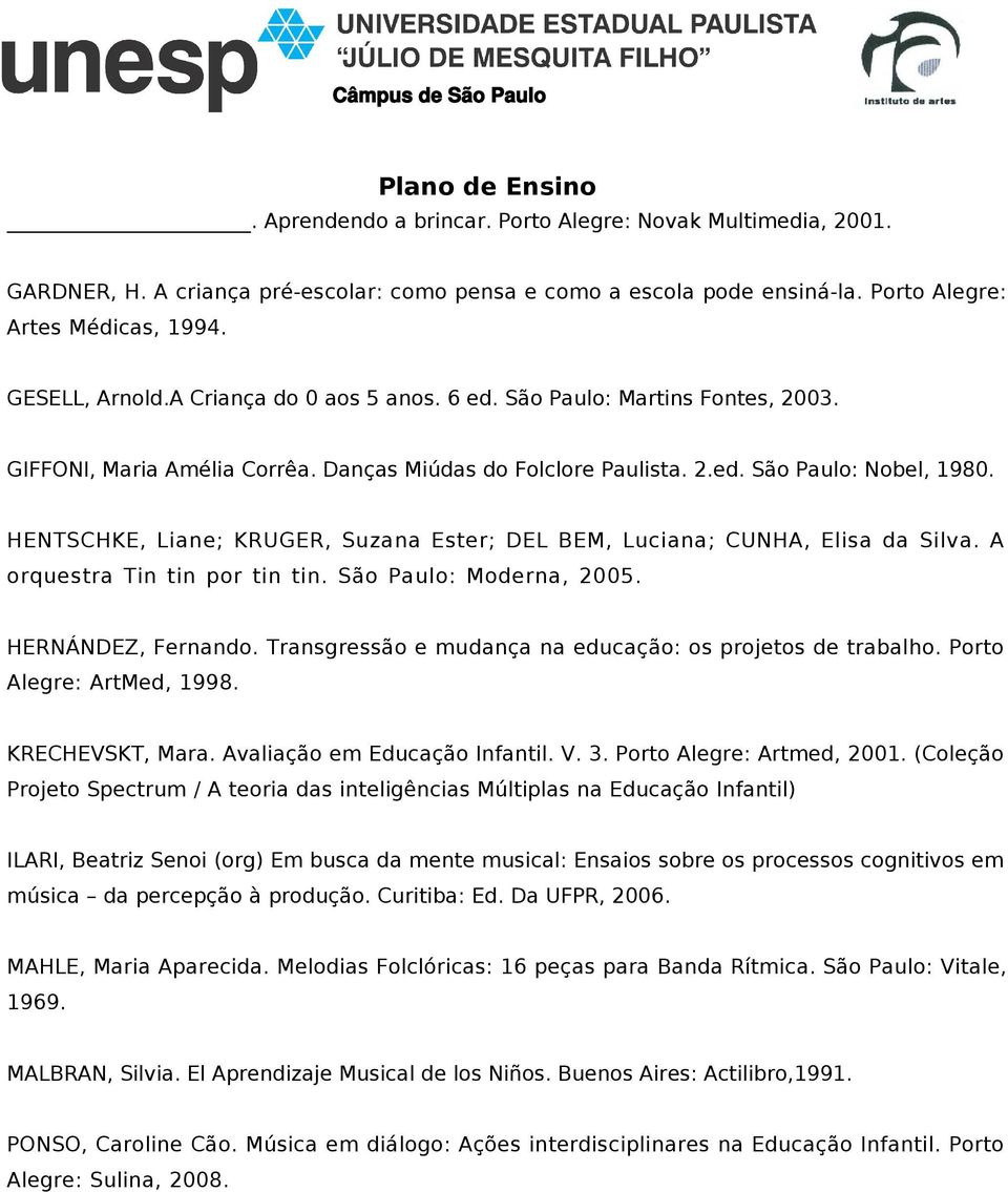 HENTSCHKE, Liane; KRUGER, Suzana Ester; DEL BEM, Luciana; CUNHA, Elisa da Silva. A orquestra Tin tin por tin tin. São Paulo: Moderna, 2005. HERNÁNDEZ, Fernando.