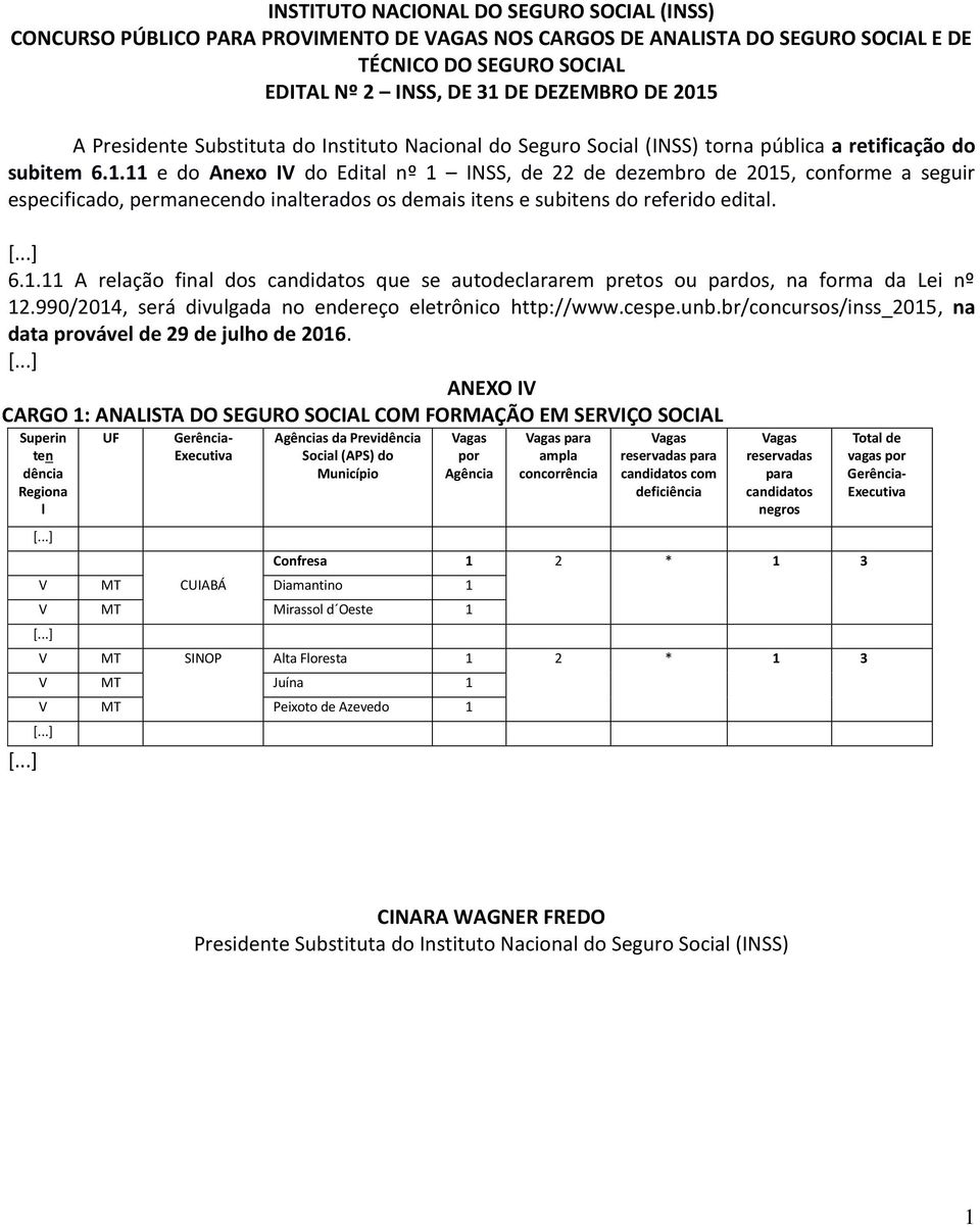 . e do Anexo IV do Edital nº INSS, de 22 de dezembro de 205, conforme a seguir especificado, permanecendo inalterados os demais itens e subitens do referido edital. [...] 6.