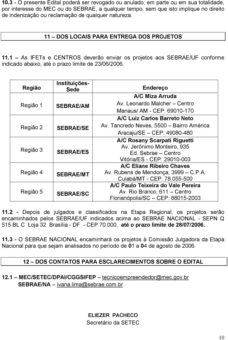 Região Região 1 Região 2 Região 3 Região 4 Região 5 Instituições- Sede SEBRAE/AM SEBRAE/SE SEBRAE/ES SEBRAE/MT SEBRAE/SC Endereço A/C Miza Arruda Av.